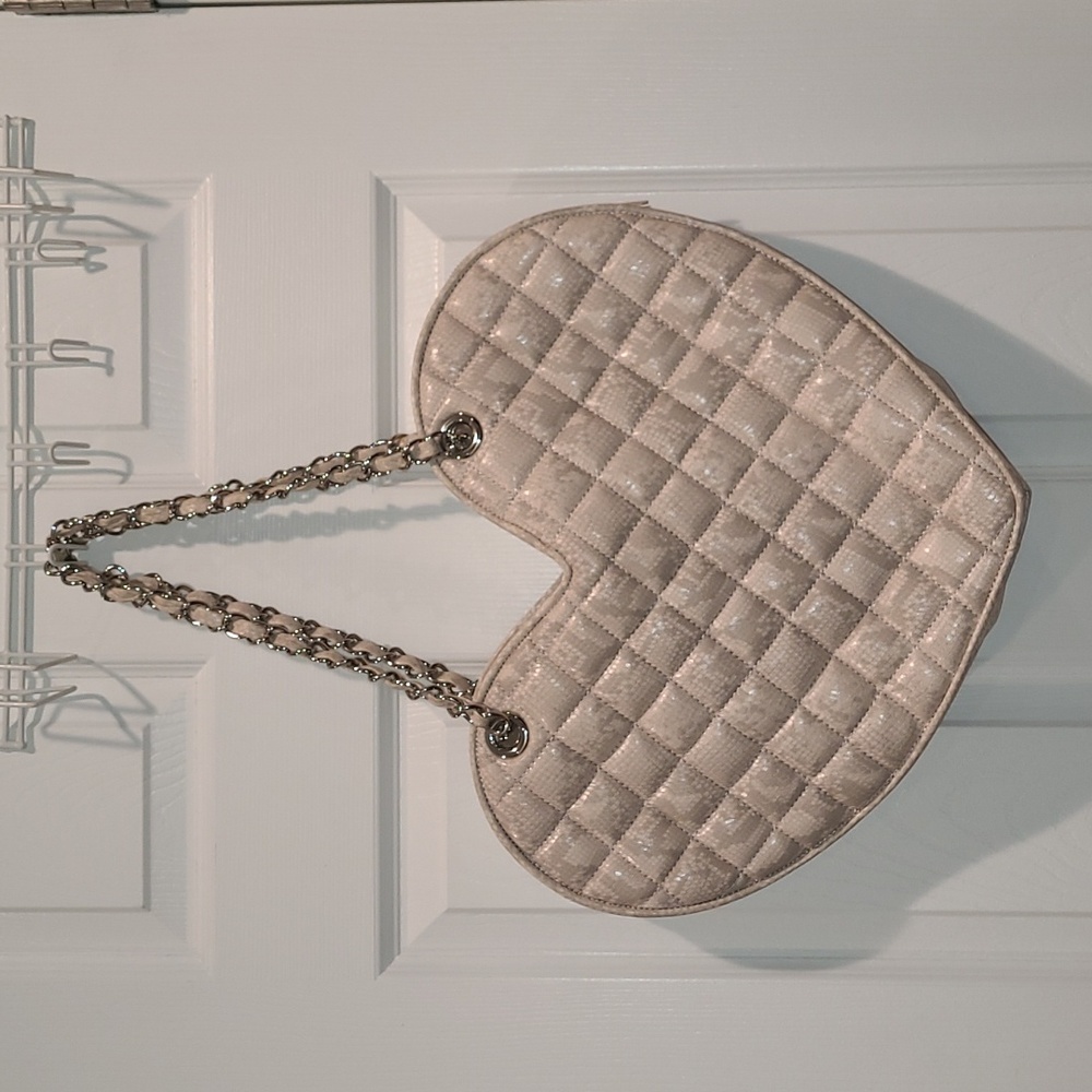 Bebe Quilted Beige Snake Print Large Heart Purse Shoulder Bag